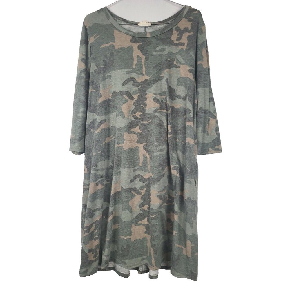 Sweet Lovely Womens BOHO‎ Shift Dress Large Green Camouflage 3/4 Sleeve Casual